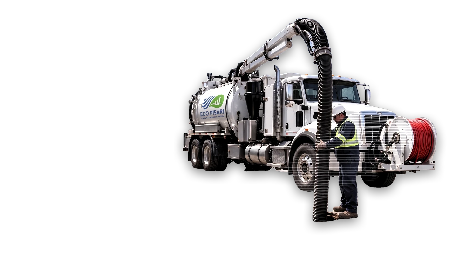Unidad Vactor de Eco Pisari con su operador succionando un registro frente a una nave industrial